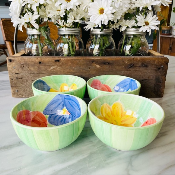 Bob Mackie•(4) Ceramic Soup/Cereal Bowls•HAND-PAINTED•Green Stripes and Flowers - Picture 1 of 14